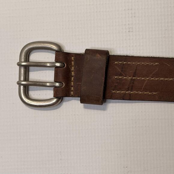 Genuine Leather Belt Mens 34 Brown Solid Brass Double Prong Made in USA 29655 - Picture 2 of 12